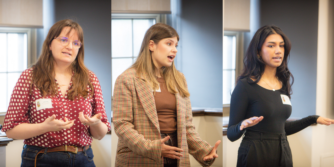 Left to right: Sophie Lane, Sofia Mayer Piriz and Stefanie Menezes presenting at the Three-Minute Thesis College Heat at the University of Guelph on April 11, 2025